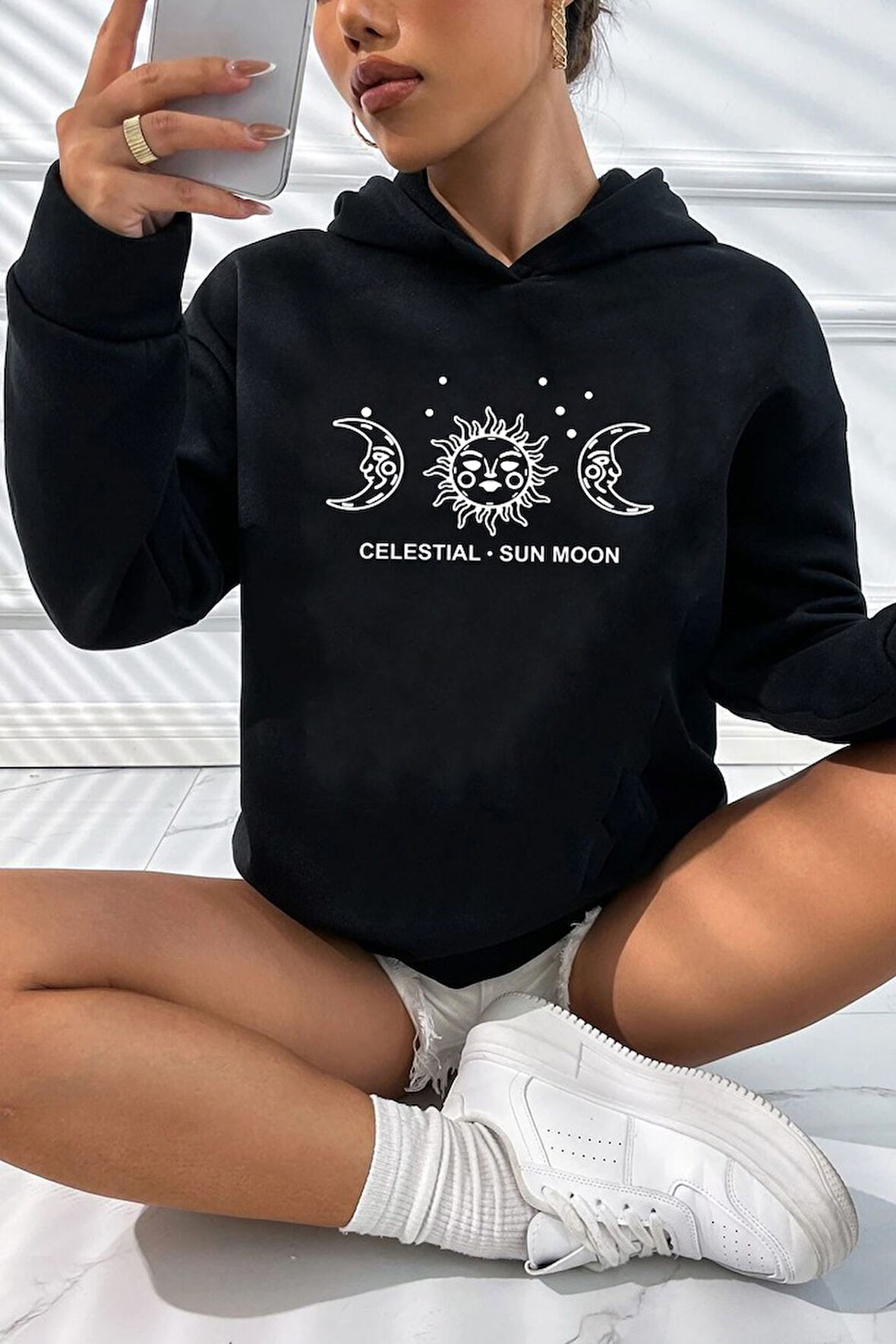 Uyguntarz Unisex Celestial Sun Moon Baskılı Sweatshirt