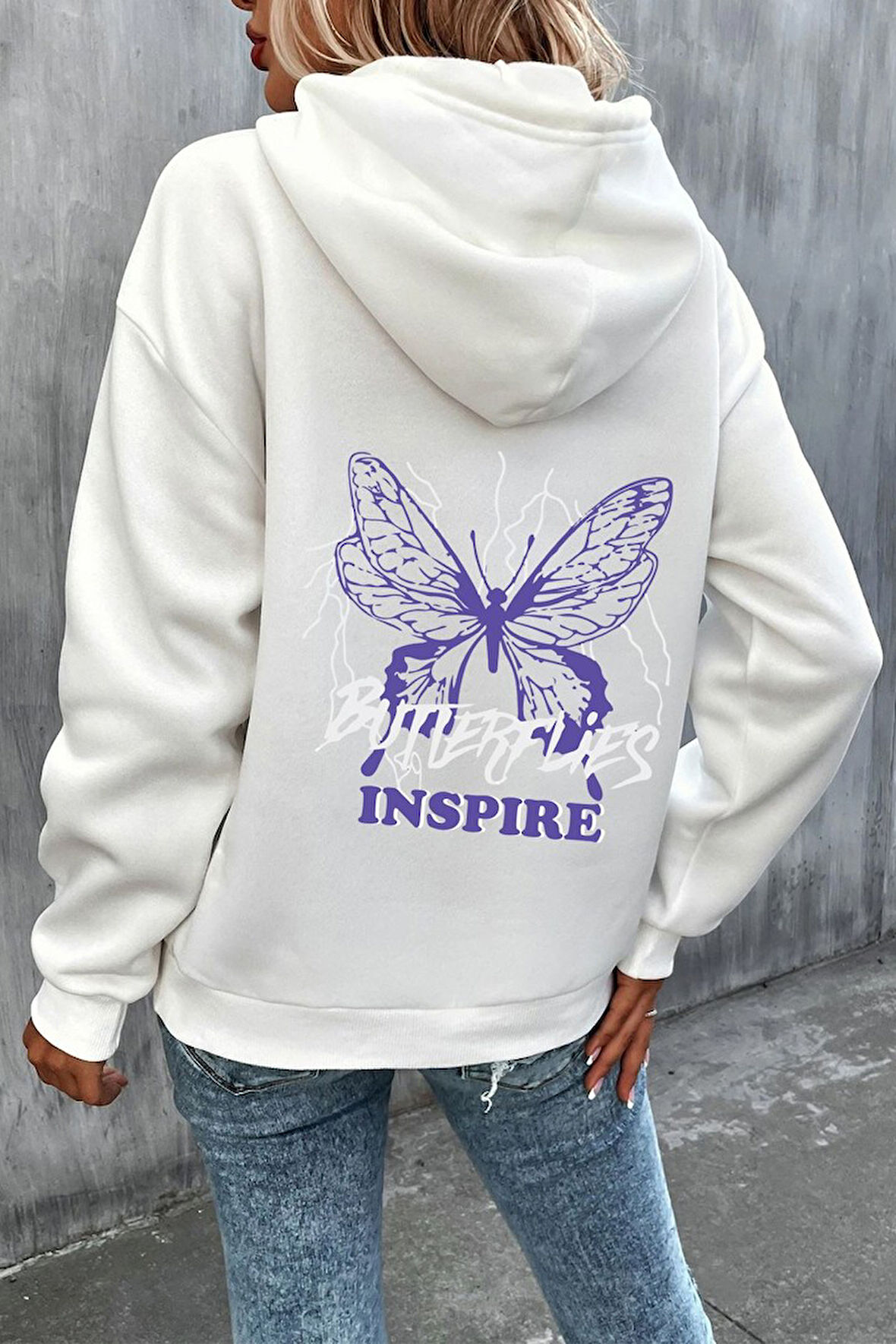 Unisex Butterfly & Letter Graphic Baskılı Sweatshirt