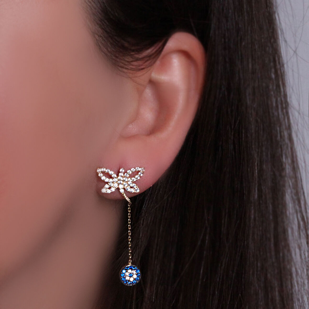 Altın Yusufçuk Figürlü Ziincirli Küpe (KP0116)