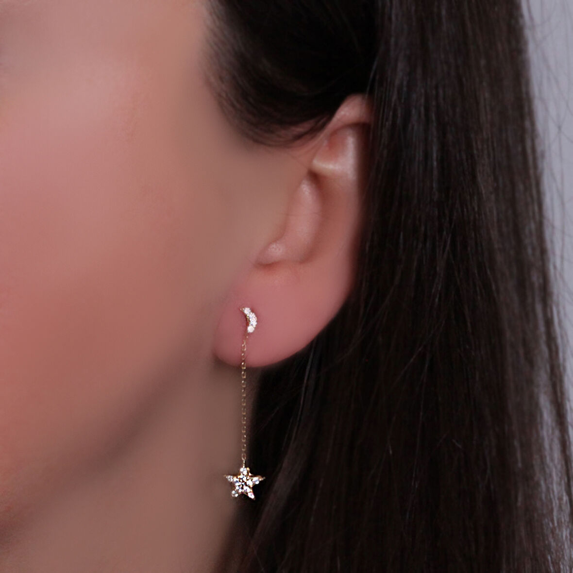 Ay Yıldız Altın Zincirli Küpe (KP0118)