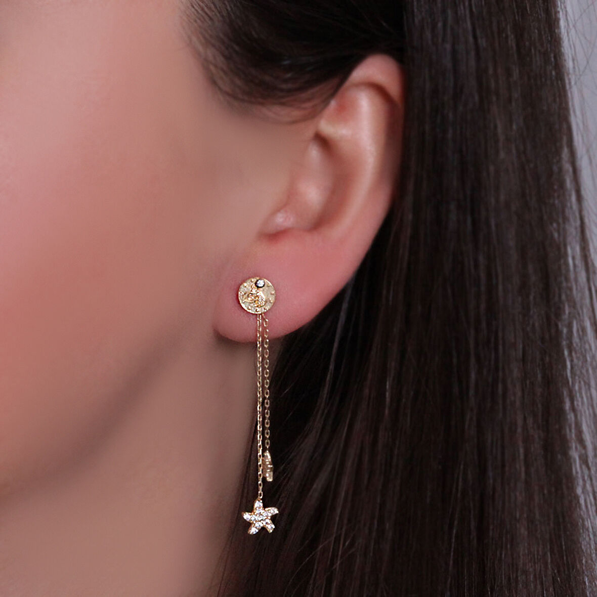 Sallantılı Altın Tuğralı Yıldız Küpe (KP0119)