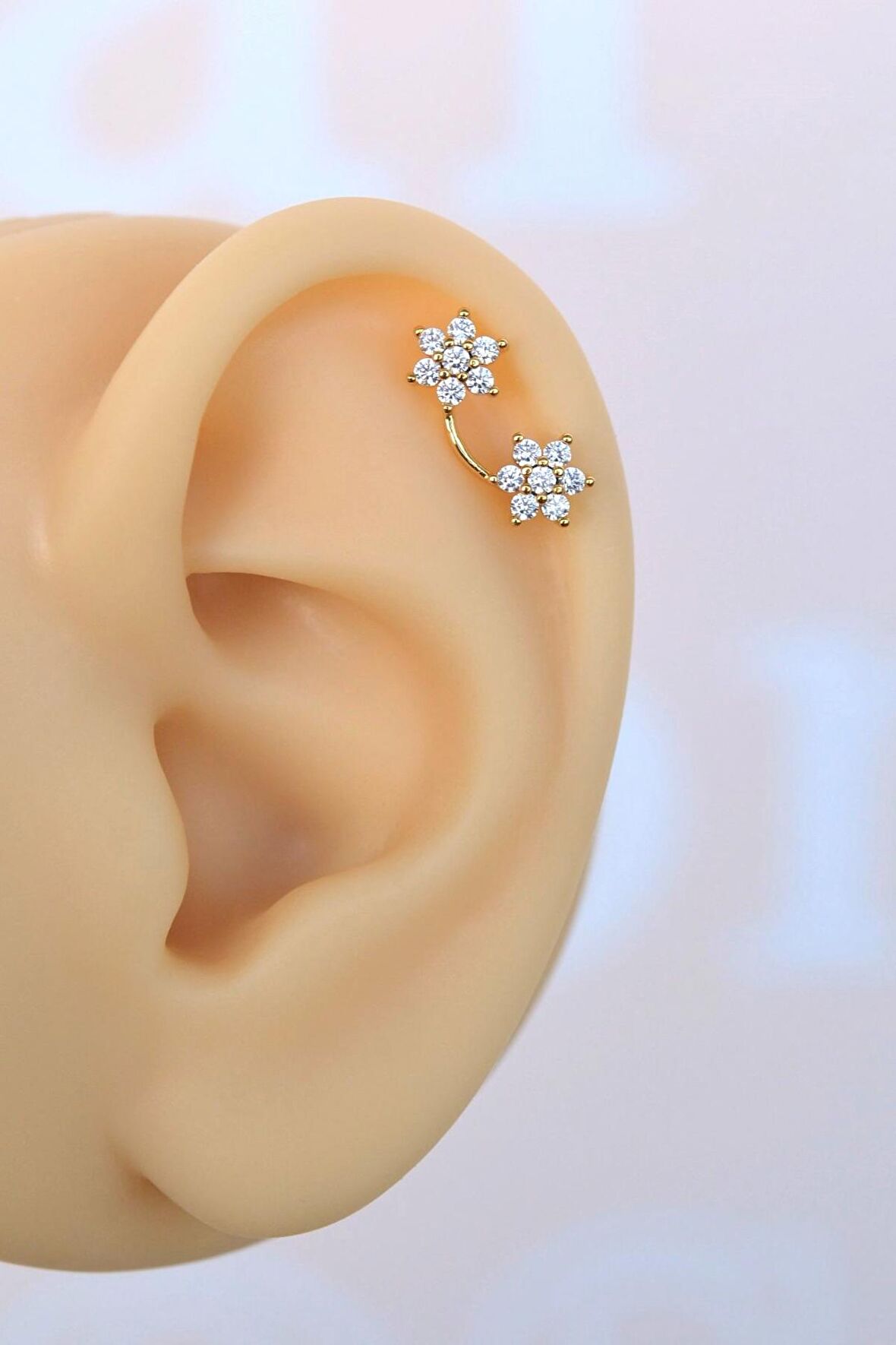 İki Çiçekli Helix Piercing Kıkırdak Lob Gold Renk