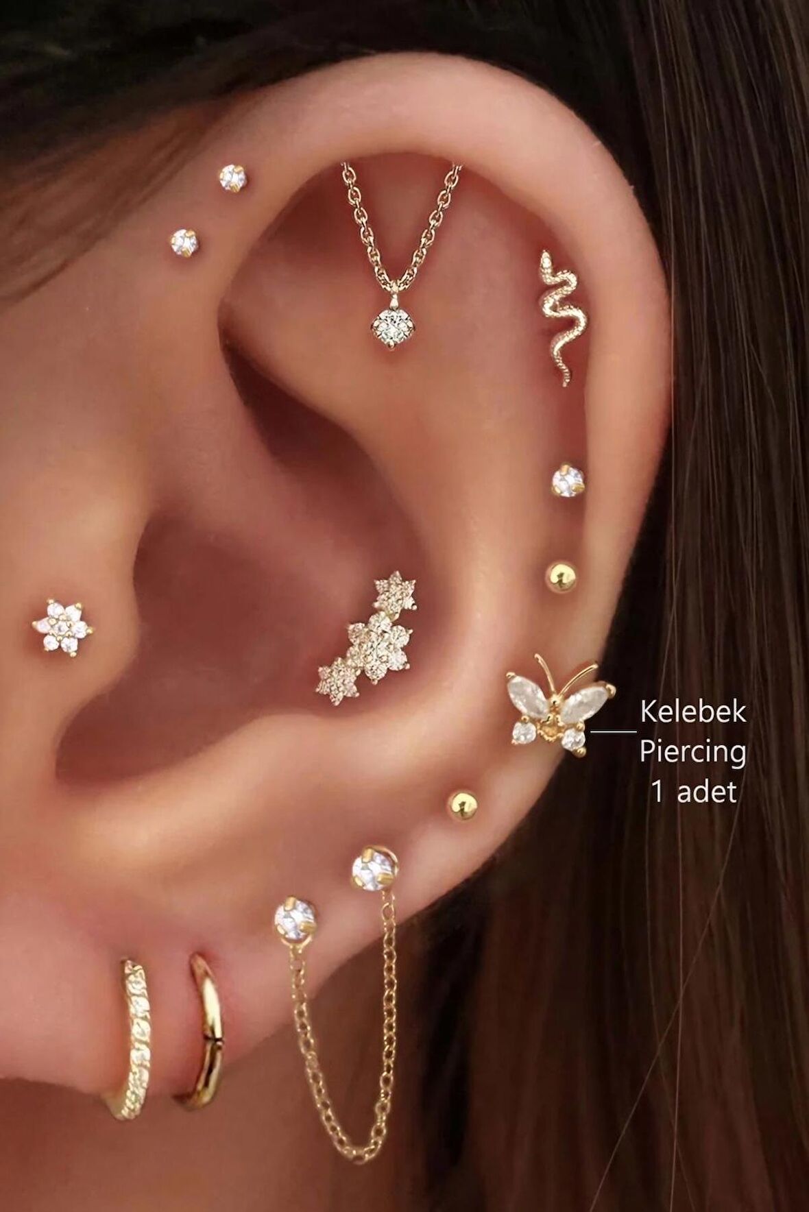 Gold Renkli Kelebek Figürlü Piercing Helix Kıkırdak Conch Lob