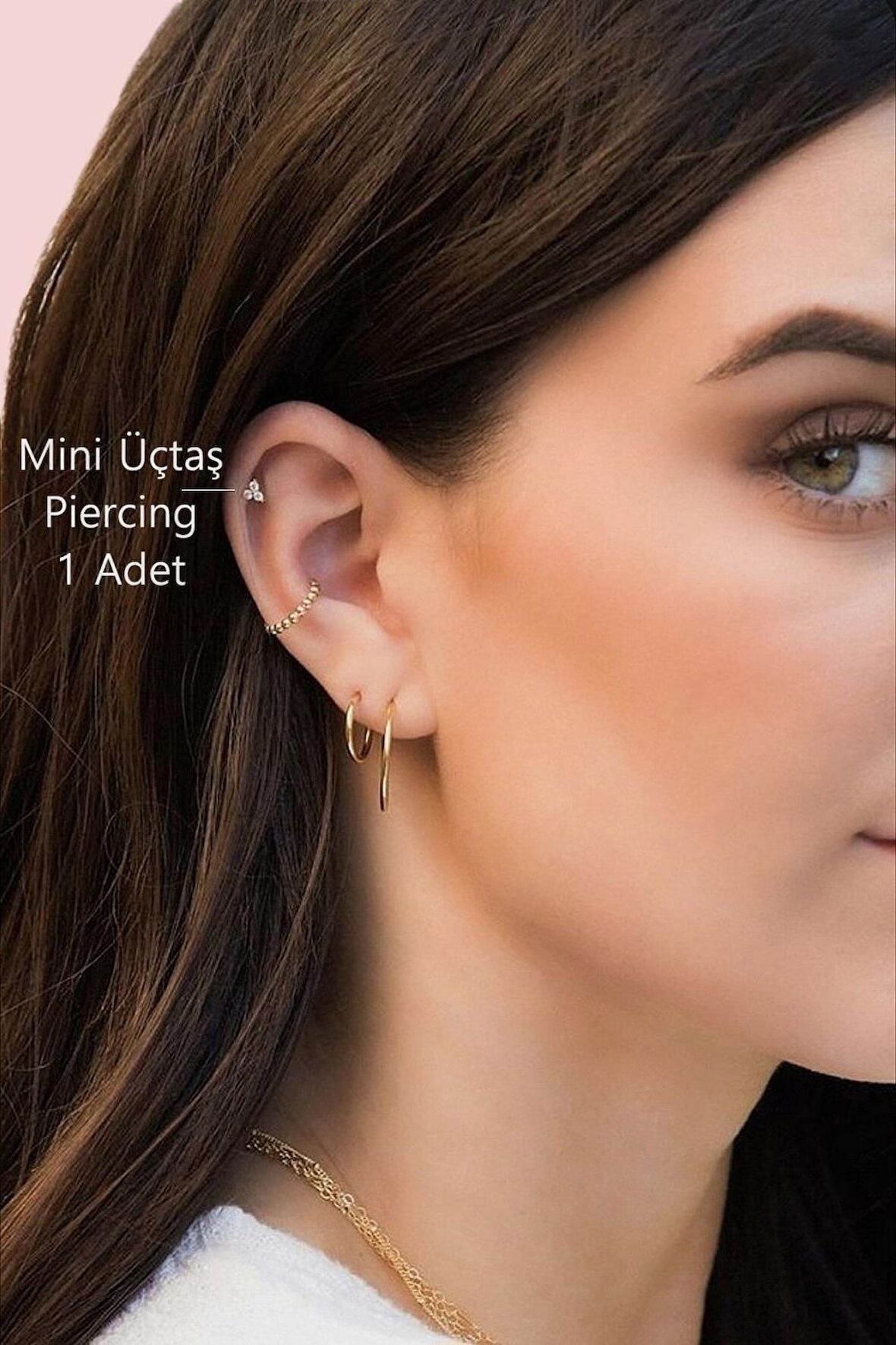 Gold Renkli Mini Üçtaşlı Zirkon Piercing Helix Kıkırdak Lob Conch