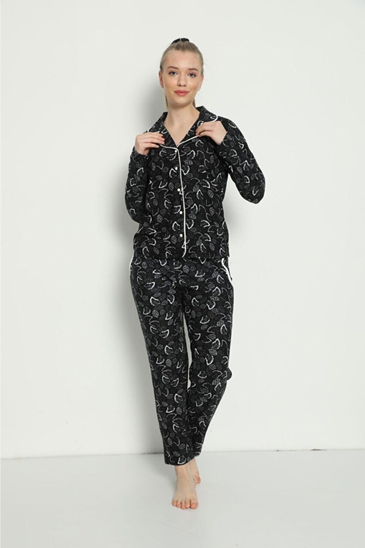 Pijamoni Kadın Süet Boydan Düğmeli Pijama Takımı - 5660-16