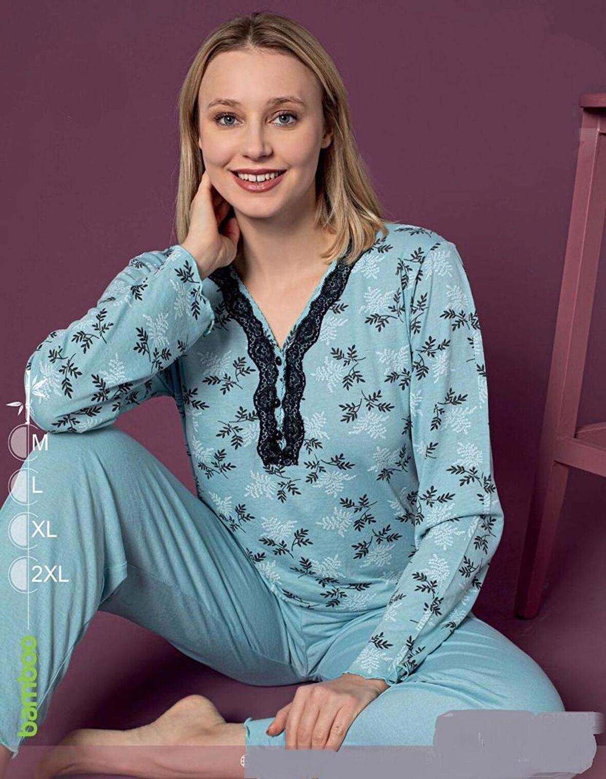Sude Kadın Bambu Mavi Uzun Kol V Yaka İnce Pijama Takımı P-7042 - 1 Adet