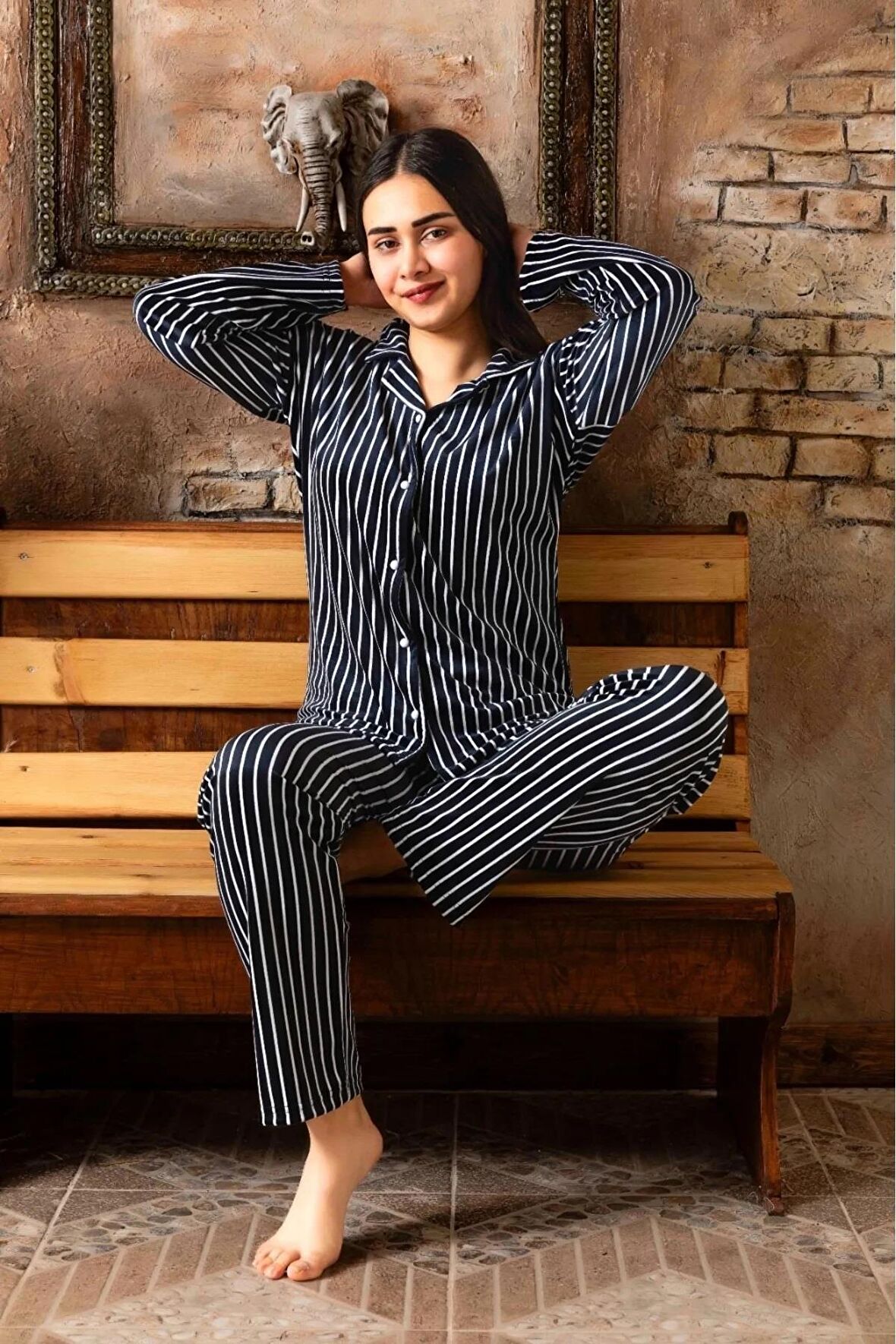 Sude Kadın Kışlık Gömlek Yaka Kadife Çizgili Pijama Takımı P200/841 - 1 Adet