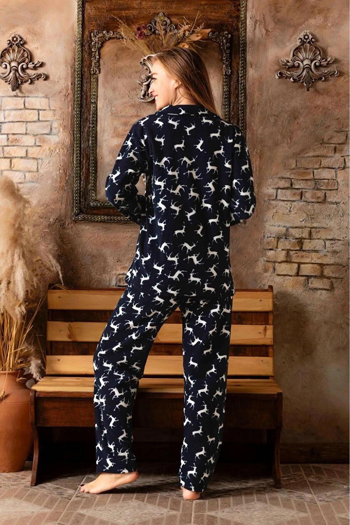 Sude Kadın Gömlek Yaka Polar Pijama Takımı M913 - 1 Adet