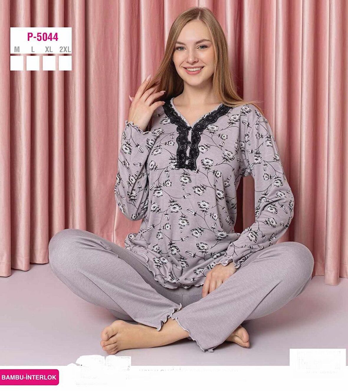 Sude Kadın Bambu İnterlok Uzun Kol Yakası Nakışlı V Yaka Pijama Takımı P5044 - 1 Adet