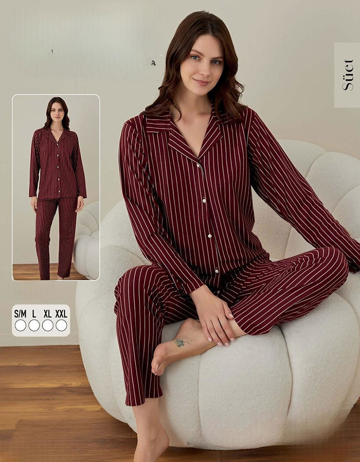 Boyraz Kadın Süet Boydan Düğmeli Pijama Takımı 02002 - 1 Adet
