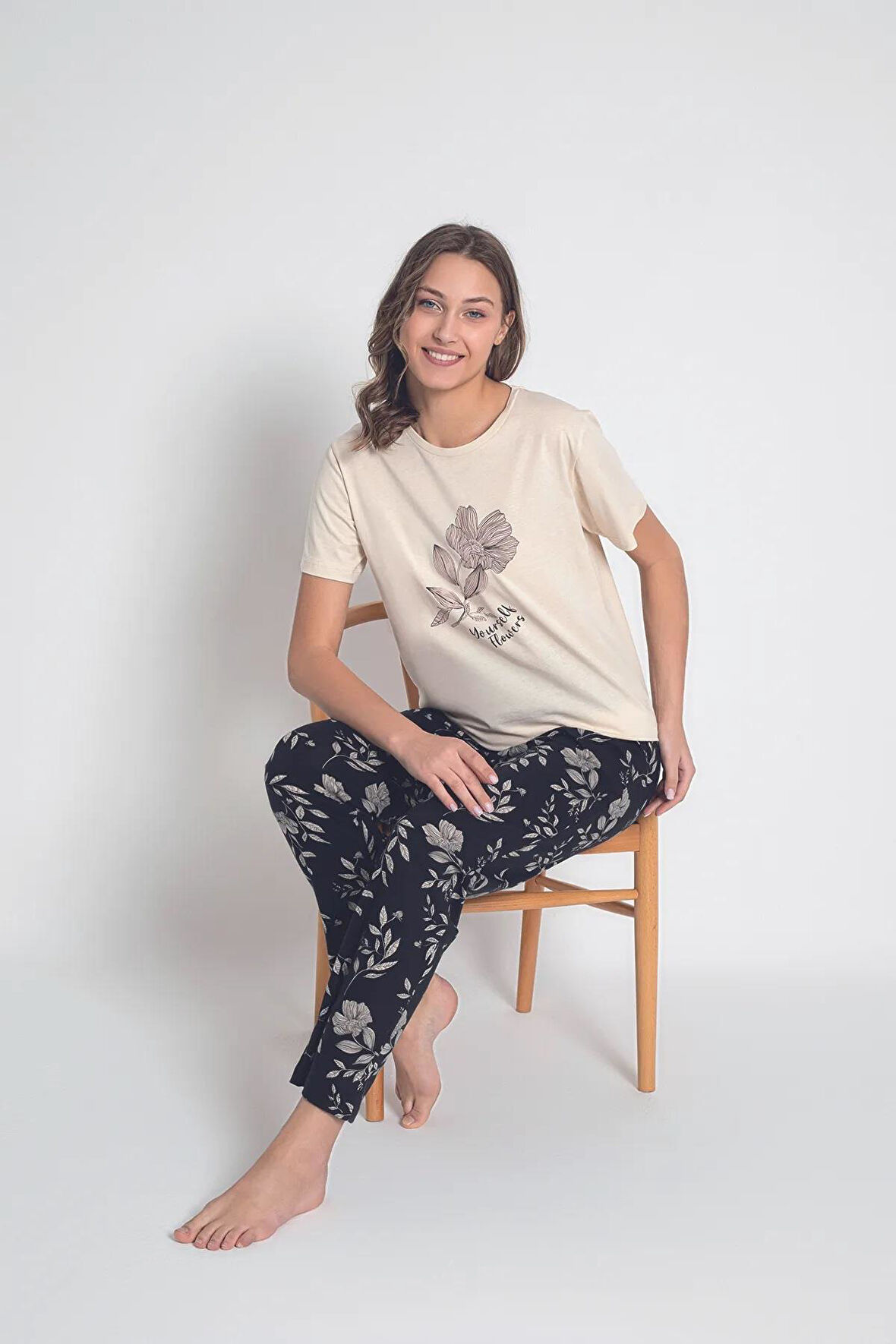Senfoni Kadın Bisiklet Yaka Kısa Kol Pamuklu Pijama Takımı 6043 -1 Adet