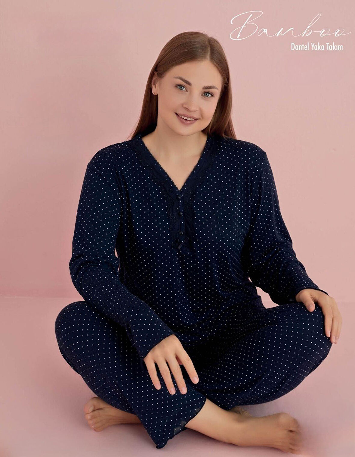 Pijamerry Kadın Büyük Beden Dantel Yaka Bambu Uzun Kol Pijama Takımı 5075 - 1 Adet