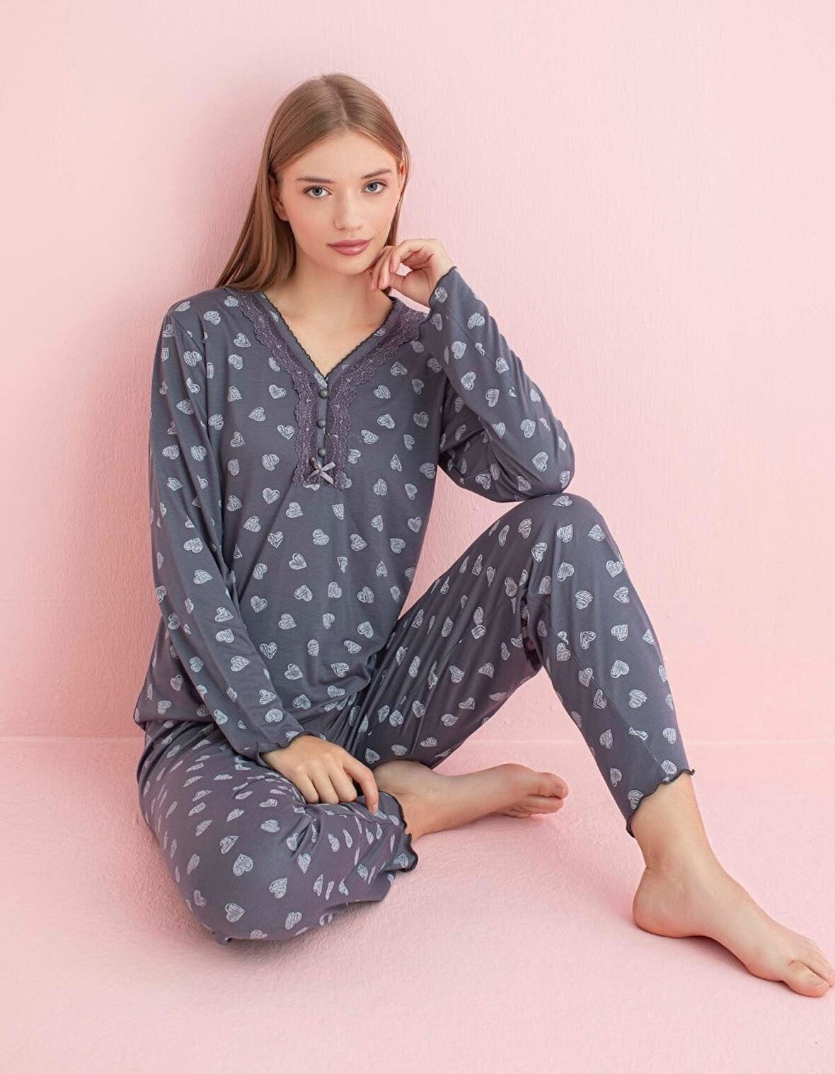 Pijamerry Kadın Dantel Yaka Bambu Uzun Kol Pijama Takımı 5204 - 1 Adet