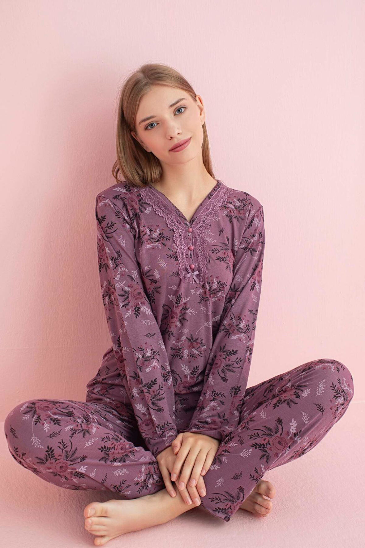 Pijamerry Kadın Dantel Yaka Bambu Uzun Kol Pijama Takımı 5205 - 1 Adet
