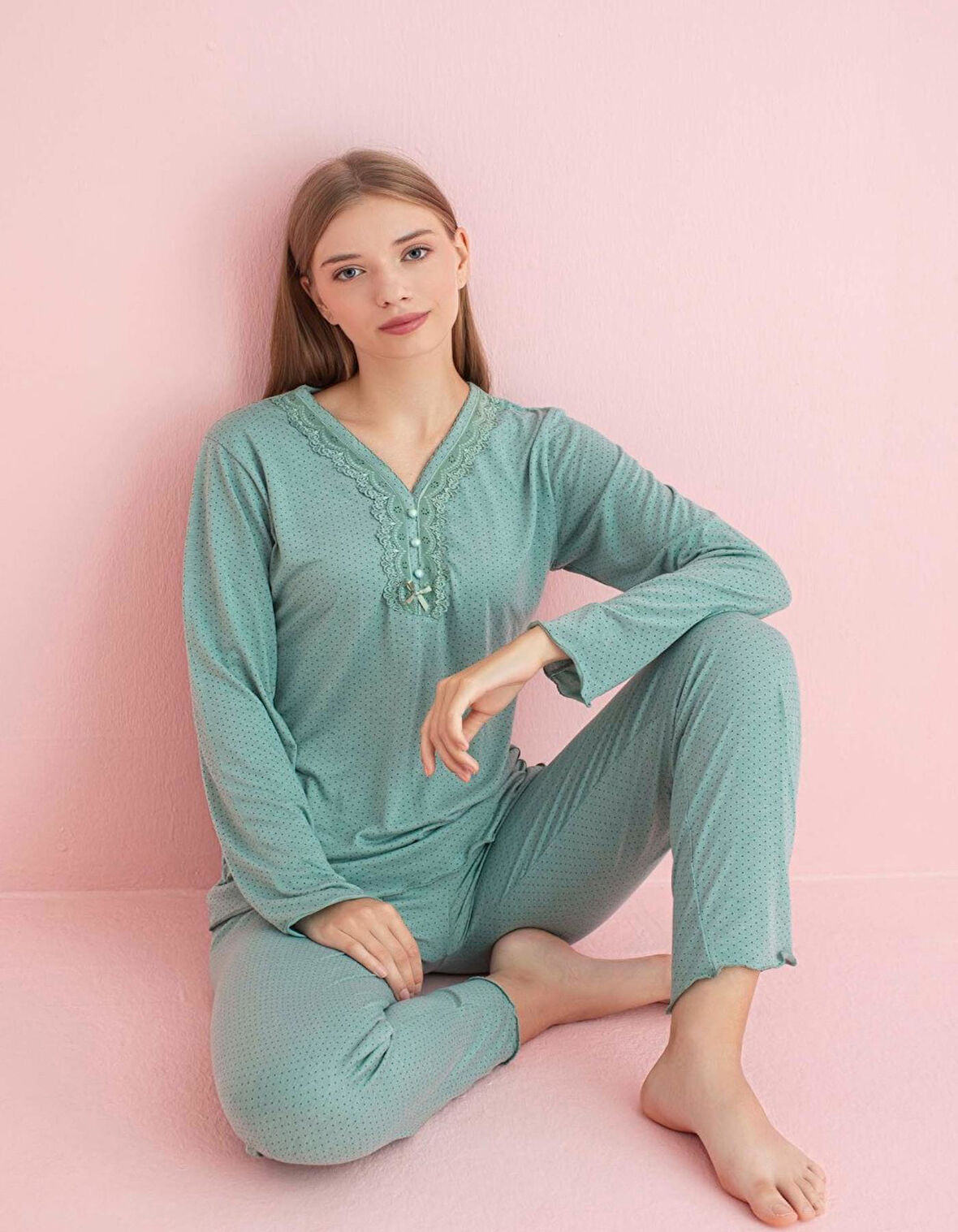 Pijamerry Kadın Dantel Yaka Bambu Uzun Kol Pijama Takımı 5208 - 1 Adet