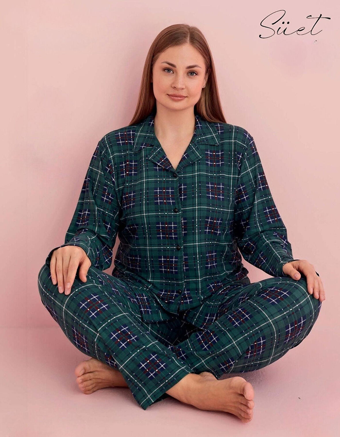 Pijamerry Kadın Büyük Beden Gömlek Yaka Süet Uzun Kol Pijama Takımı 5259- 1 Adet