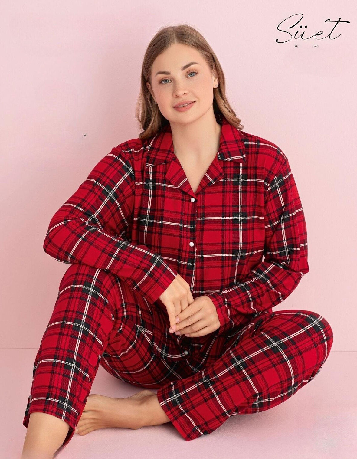 Pijamerry Kadın Büyük Beden Gömlek Yaka Süet Uzun Kol Pijama Takımı 5269- 1 Adet