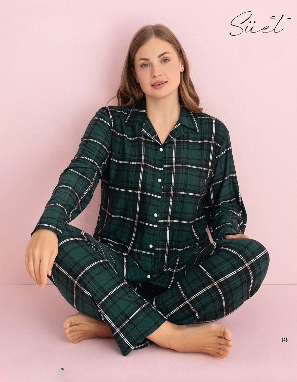 Pijamerry Kadın Büyük Beden Gömlek Yaka Süet Uzun Kol Pijama Takımı 5271- 1 Adet