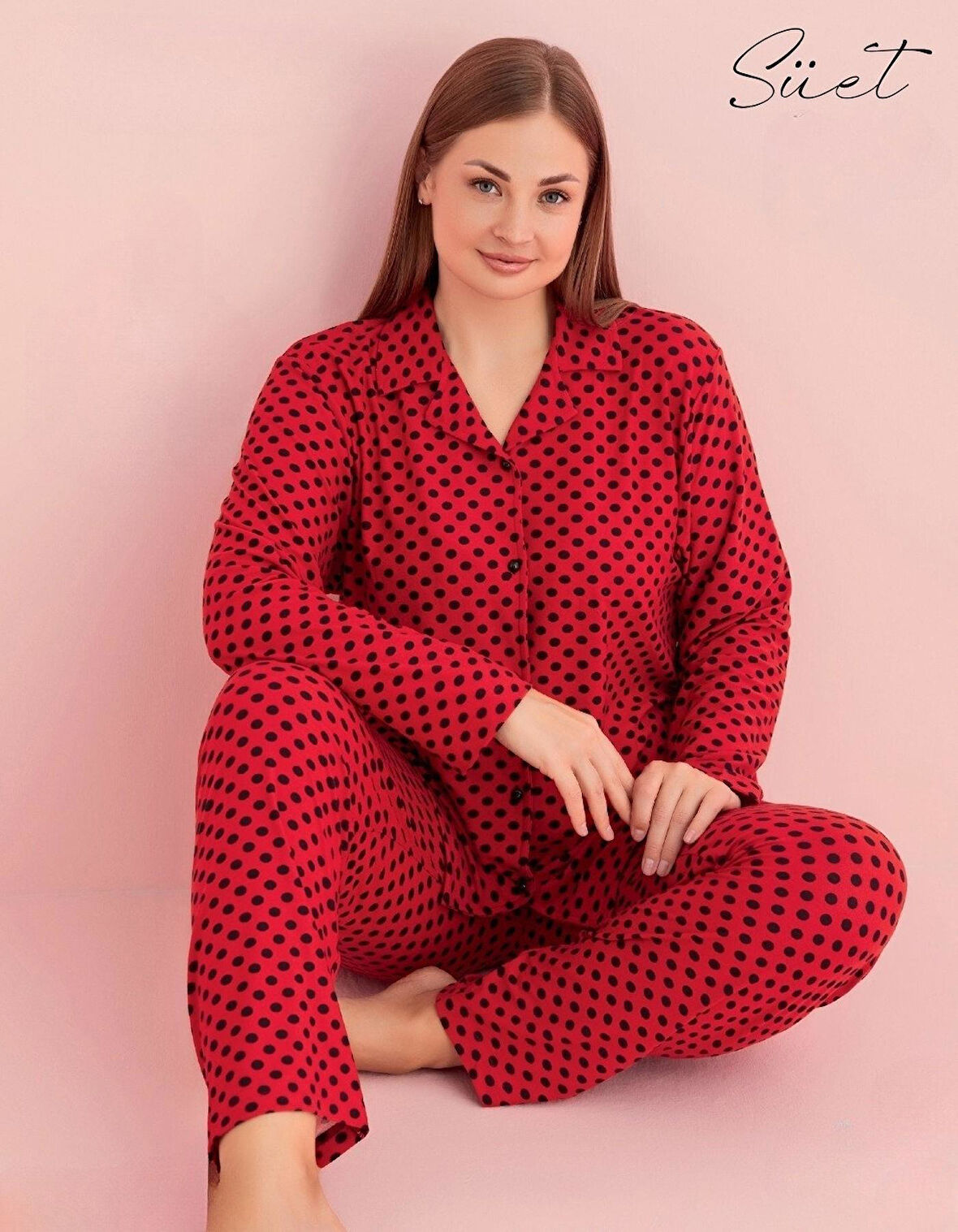 Pijamerry Kadın Büyük Beden Gömlek Yaka Süet Uzun Kol Pijama Takımı 5267- 1 Adet