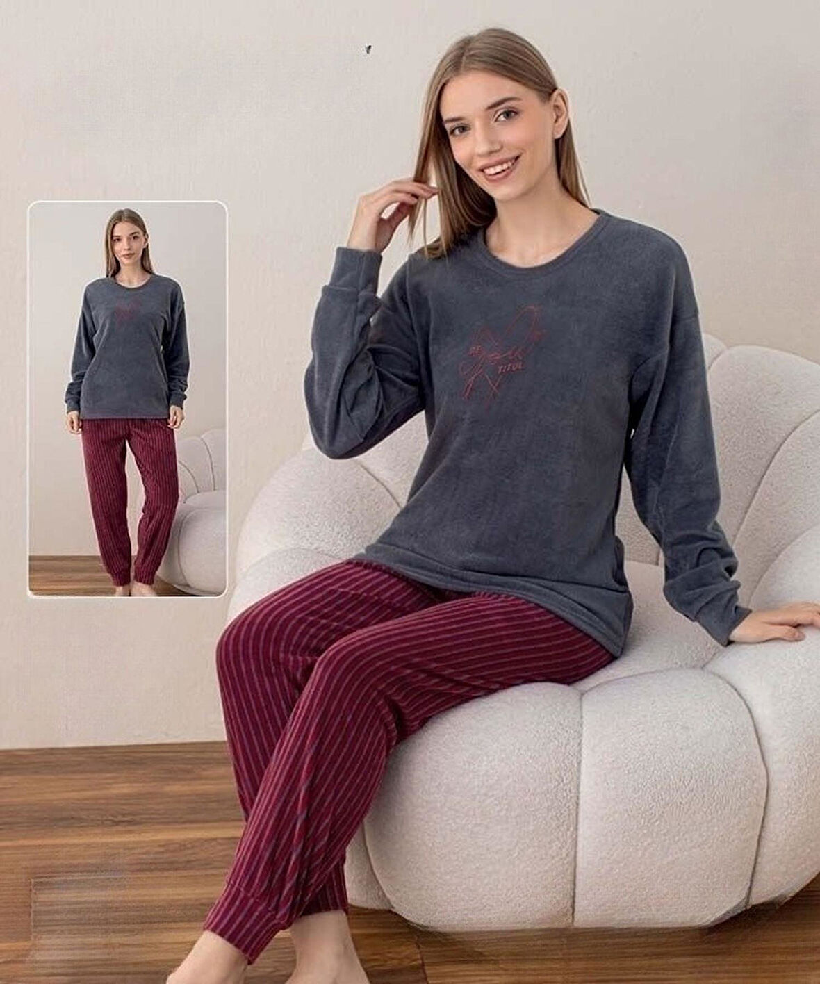 Boyraz Kadın Kışlık Bisiklet Yaka Soft Kadife Pijama Takımı 07037 - 1 Adet