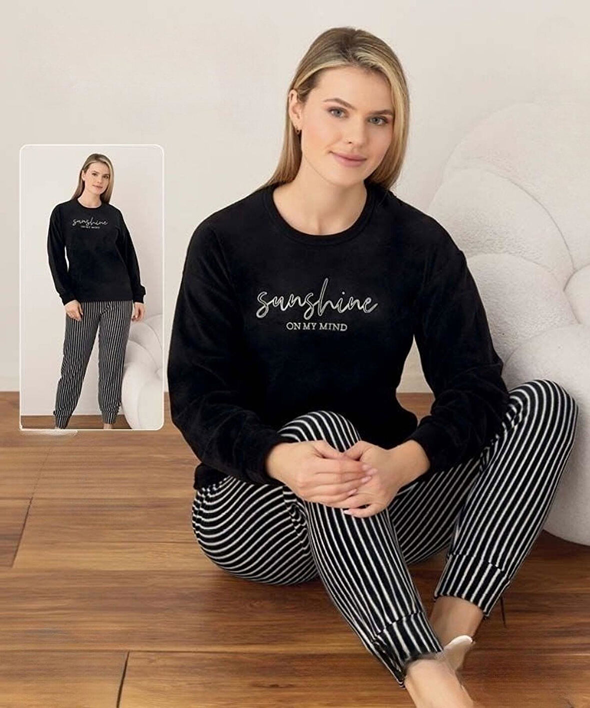 Boyraz Kadın Kışlık Bisiklet Yaka Soft Kadife Pijama Takımı 07041 - 1 Adet
