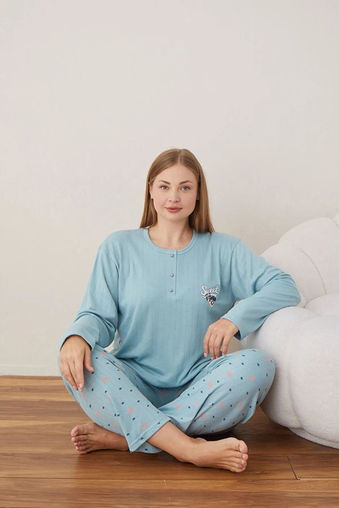 Lindros Kadın Pamuklu Düğme Yaka Raporlu İnterlok Battal Pijama Takımı 05108 - 1 Adet