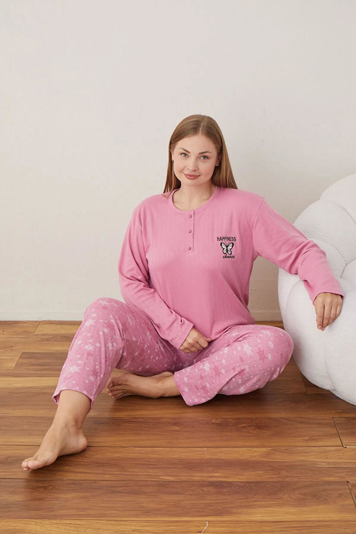 Lindros Kadın Pamuklu Düğme Yaka Raporlu İnterlok Battal Pijama Takımı 05110 - 1 Adet