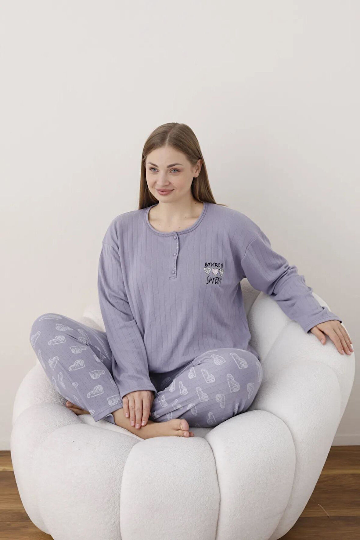 Lindros Kadın Pamuklu Düğme Yaka Raporlu İnterlok Battal Pijama Takımı 05114 - 1 Adet