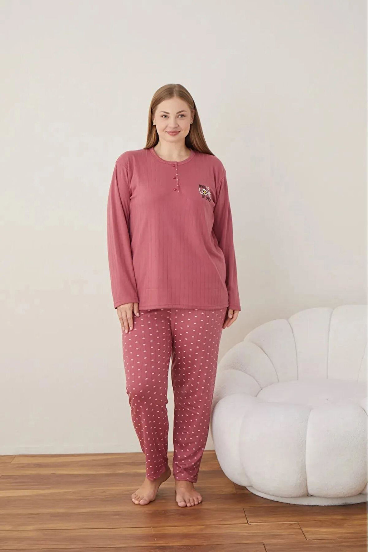 Lindros Kadın Pamuklu Düğme Yaka Raporlu İnterlok Battal Pijama Takımı 05121 - 1 Adet