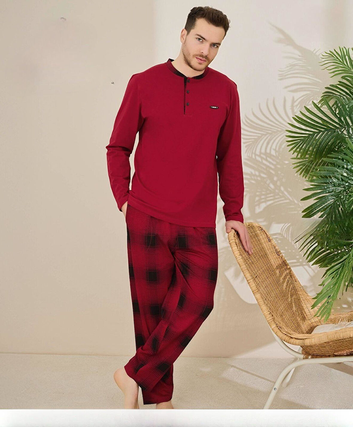 Pijamoni Erkek Pamuklu Düğme Yaka Uzun Kol İnce Pijama Takımı 100/7 - 1 Adet