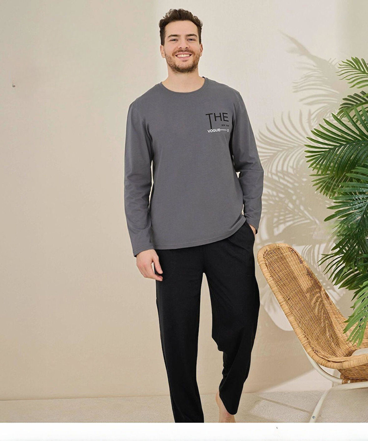Pijamoni Erkek Pamuklu Bisiklet Yaka Uzun Kol İnce Pijama Takımı 6150/10 - 1 Adet