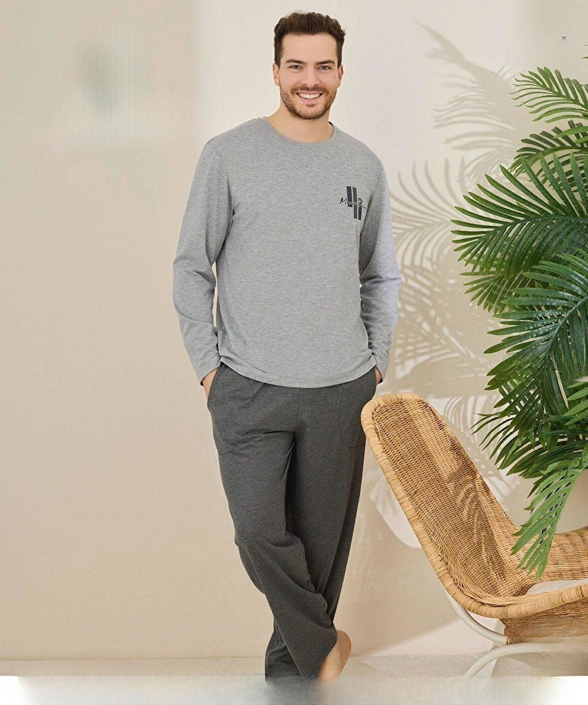 Pijamoni Erkek Pamuklu Bisiklet Yaka Uzun Kol İnce Pijama Takımı 6150/11 - 1 Adet