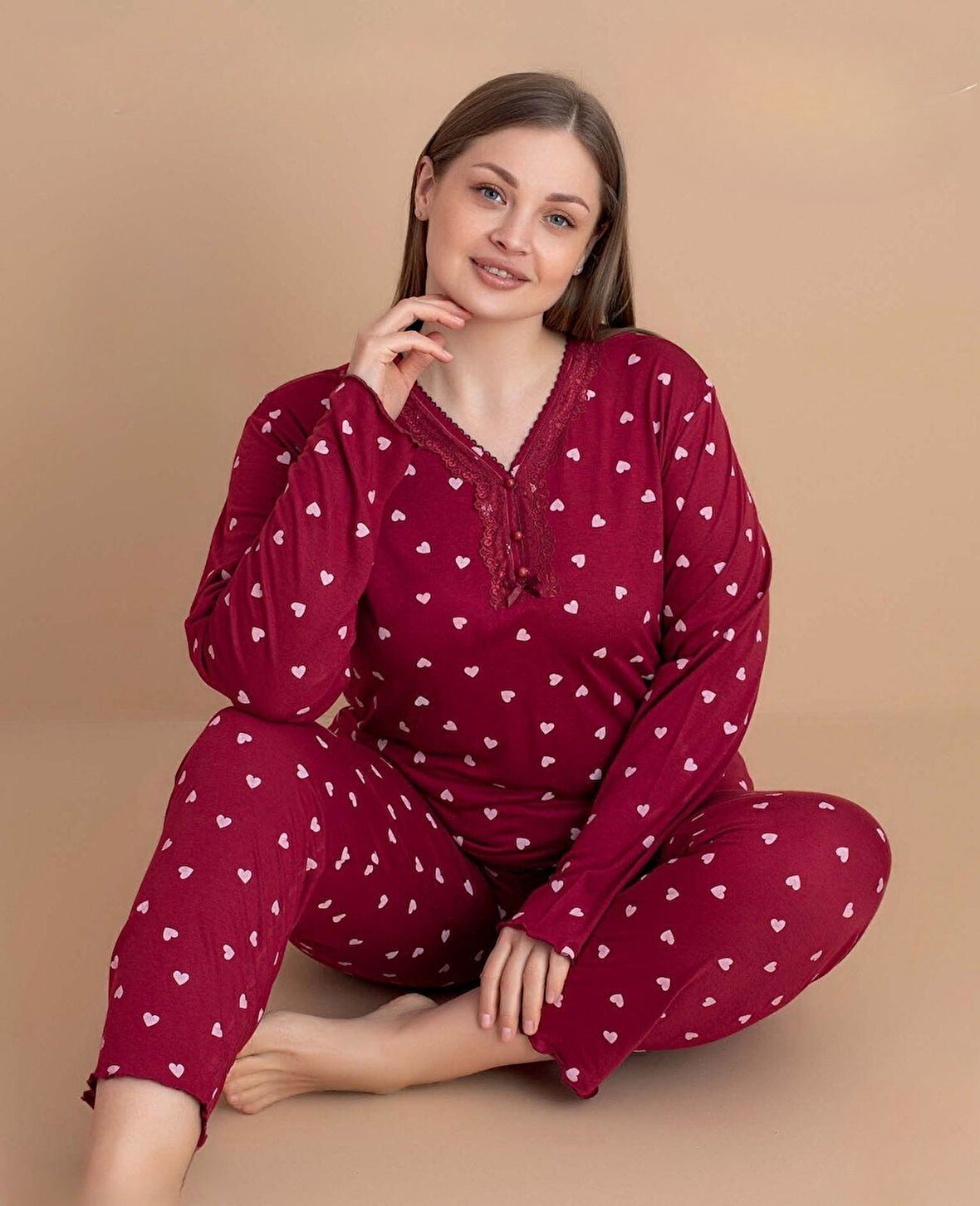 Pijamerry Kadın Büyük Beden Dantel Yaka Bambu Uzun Kol İnce Pijama Takımı 5547 - 1 Adet
