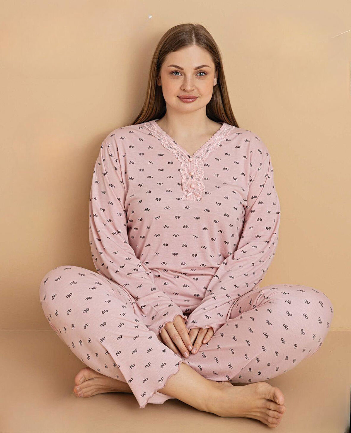 Pijamerry Kadın Büyük Beden Dantel Yaka Bambu Uzun Kol İnce Pijama Takımı 5673 - 1 Adet