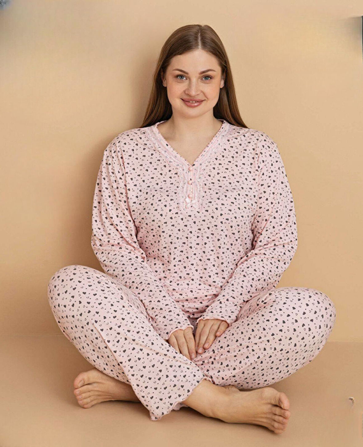 Pijamerry Kadın Büyük Beden Dantel Yaka Bambu Uzun Kol İnce Pijama Takımı 5674 - 1 Adet