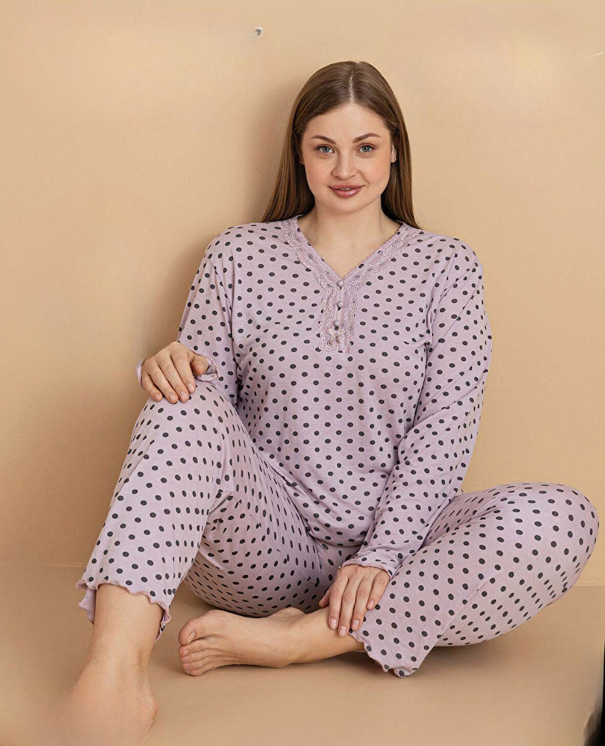Pijamerry Kadın Büyük Beden Dantel Yaka Bambu Uzun Kol İnce Pijama Takımı 5675 - 1 Adet