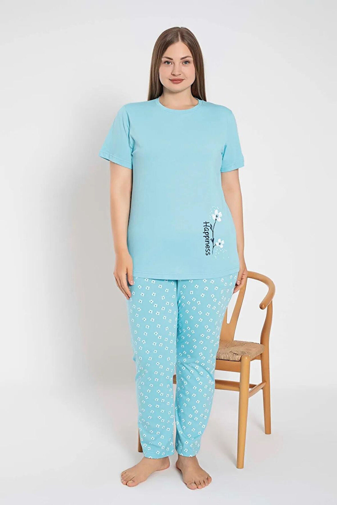 Senfoni Kadın Büyük Beden Bisiklet Yaka Kısa Kol Pamuklu Pijama Takımı 6083 -1 Adet