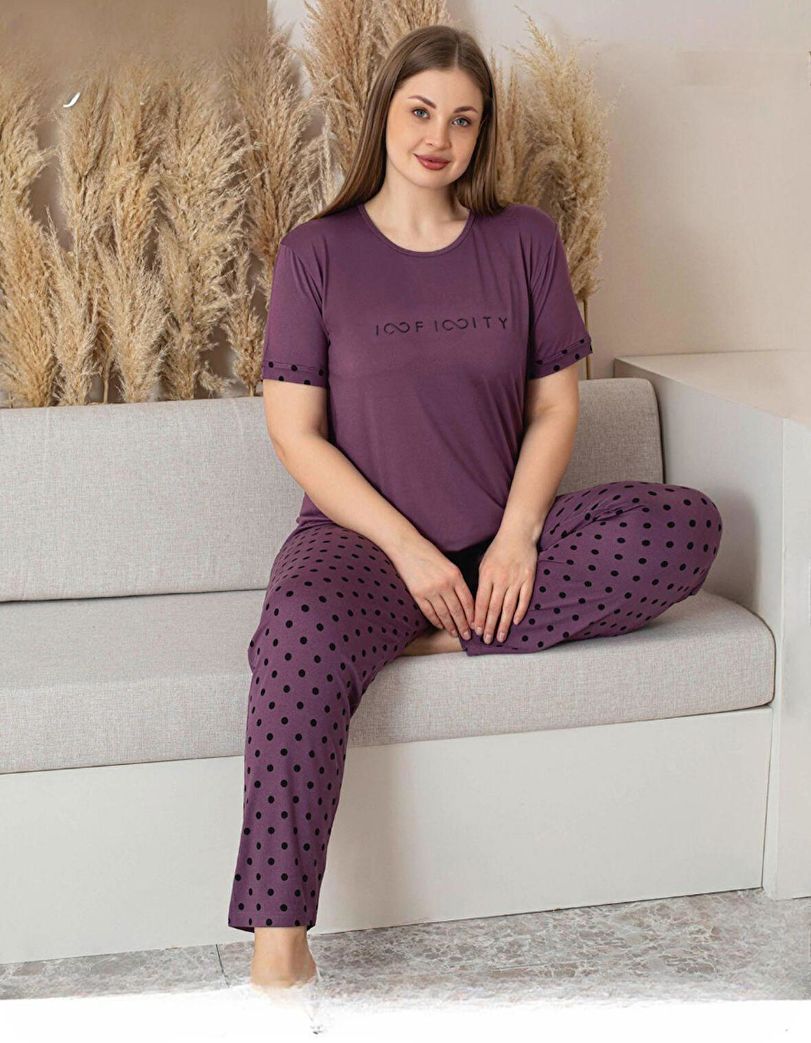 Pijamoni Kadın Milan Büyük Beden Bisiklet Yaka Kısa Kol İnce Pijama Takımı 7665/1- 1 Adet