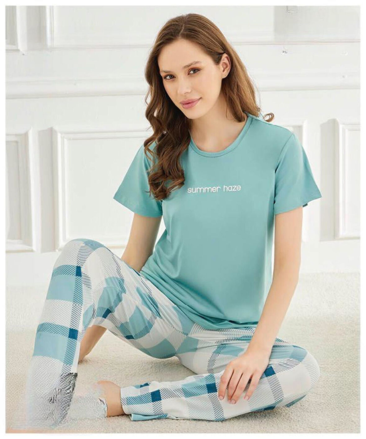 Mihra Kadın Bisiklet Yaka MİLAN Likralı Kısa Kol Pijama Takımı 50107Turkuaz - 1 Adet