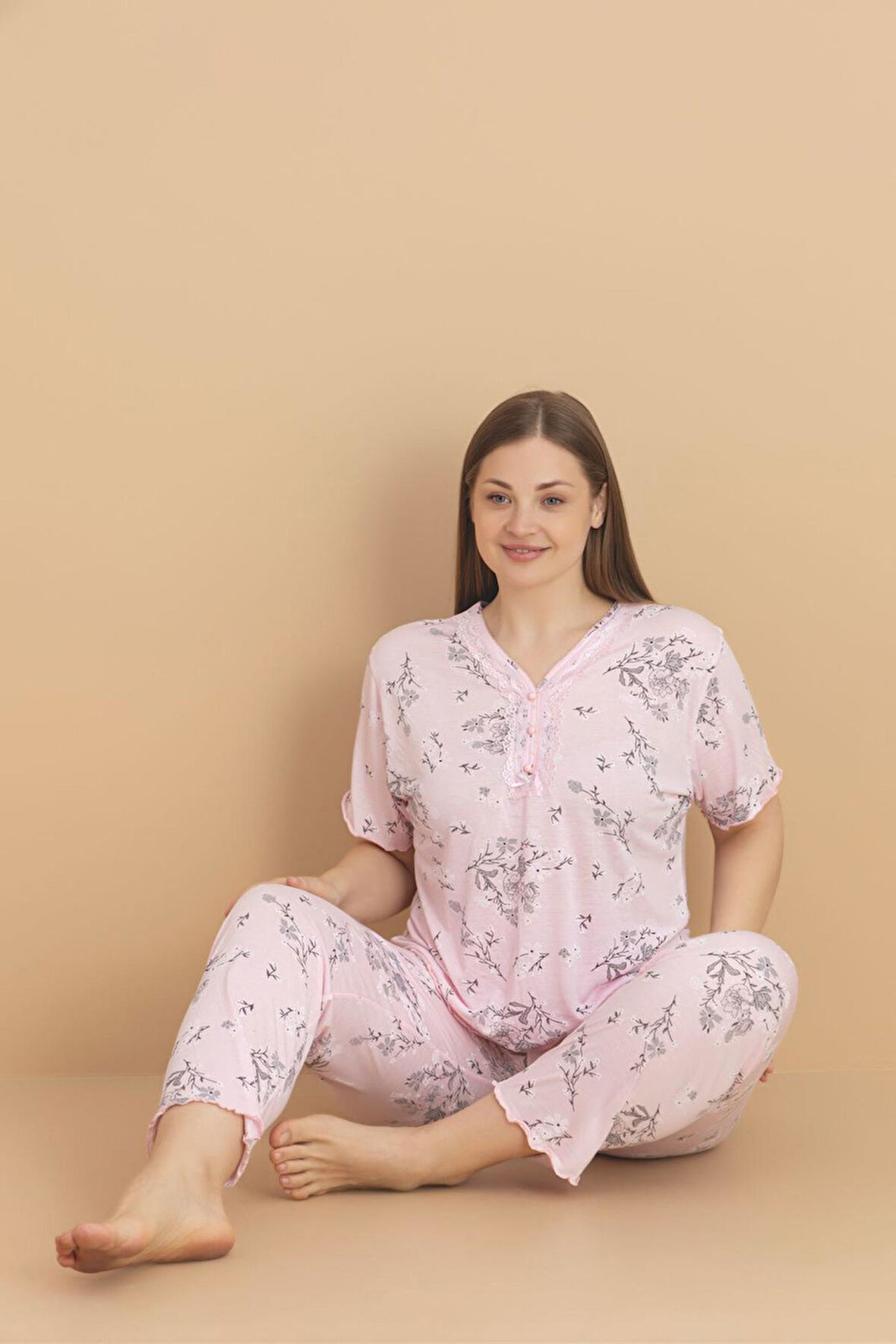Pijamerry Kadın Büyük Beden Dantel Yaka Bambu Kısa Kol İnce Pijama Takımı 5989 - 1 Adet