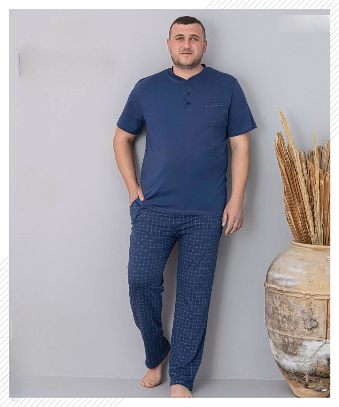 Pijamoni Erkek Battal Düğme Yaka Penye Kısa Kol  Pijama Takımı 6730/1 - 1 Adet