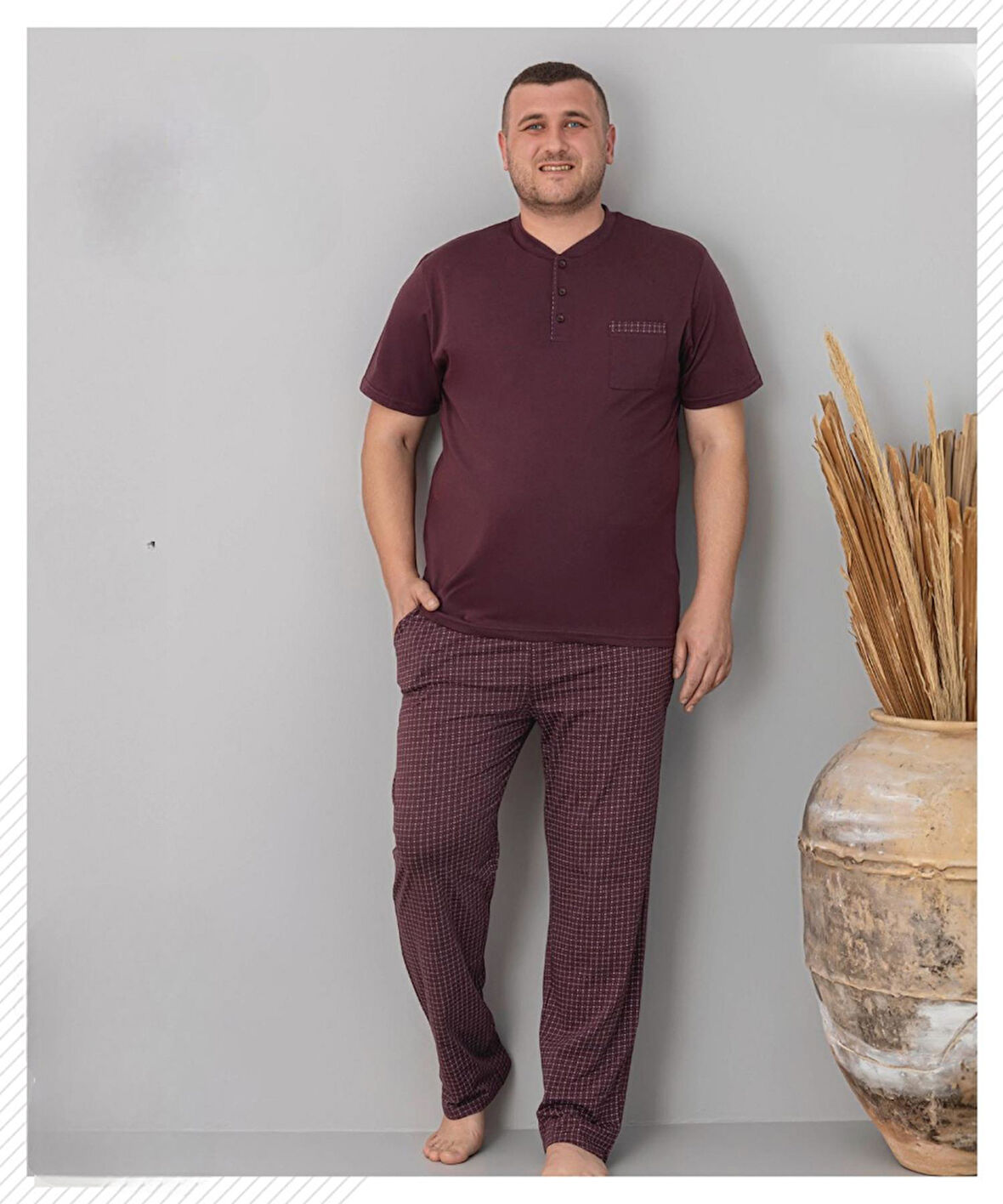 Pijamoni Erkek Battal Düğme Yaka Penye Kısa Kol  Pijama Takımı 6730/2 - 1 Adet