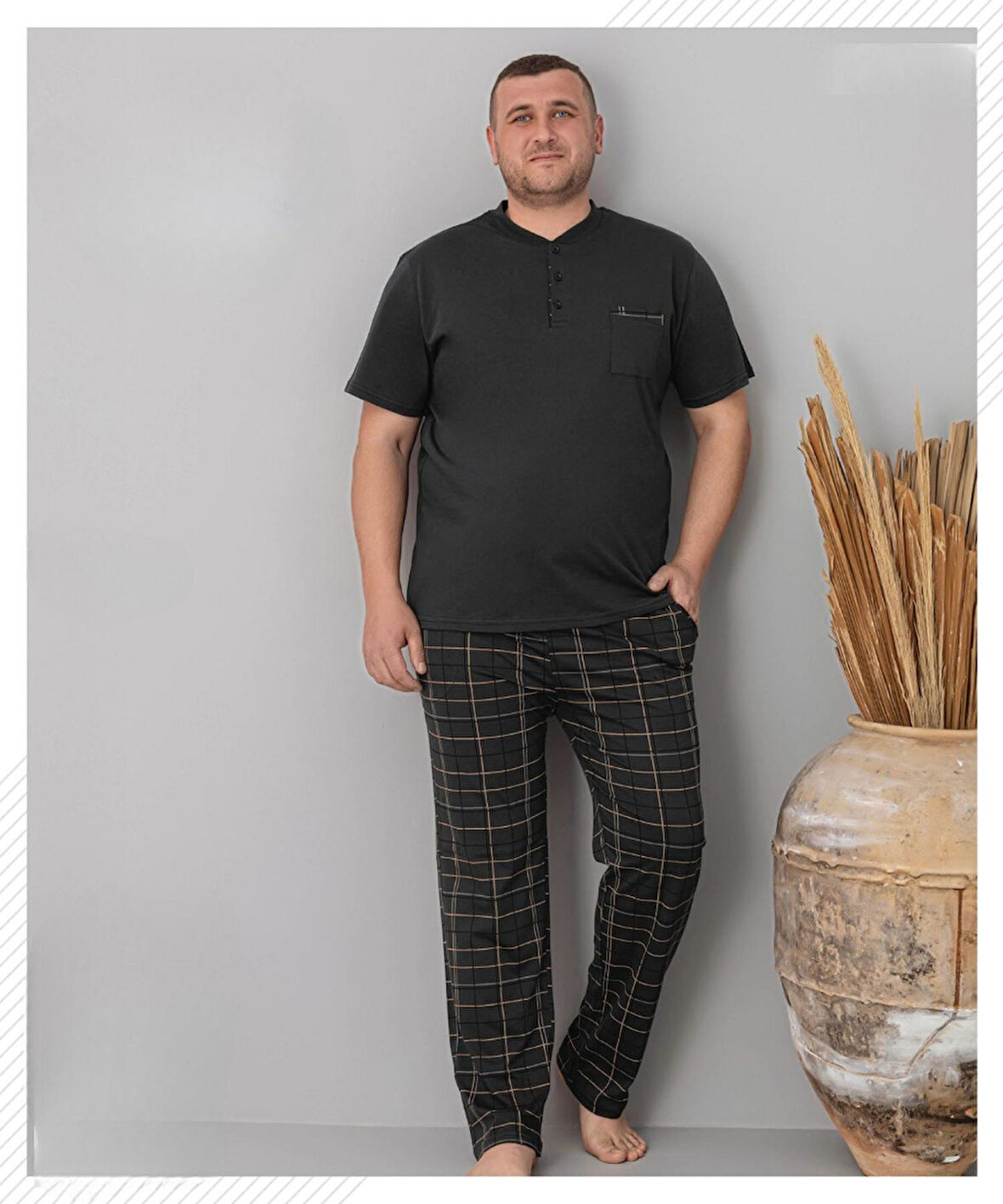 Pijamoni Erkek Battal Düğme Yaka Penye Kısa Kol  Pijama Takımı 6730/4 - 1 Adet