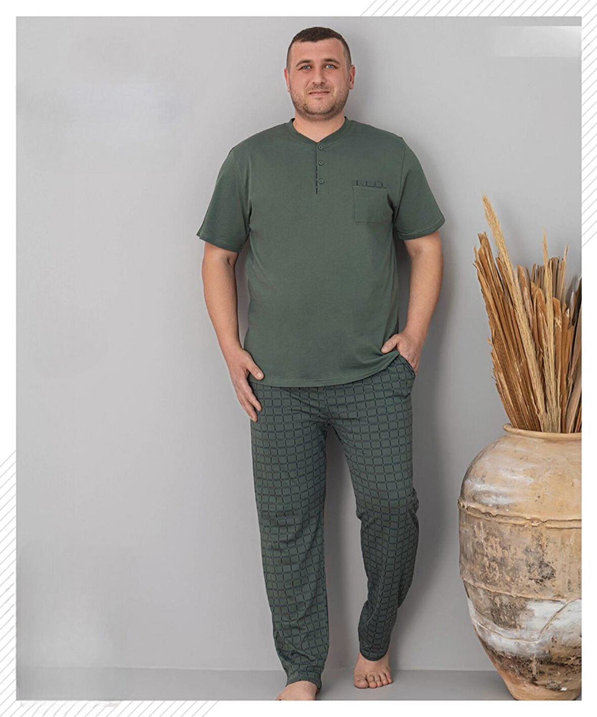 Pijamoni Erkek Battal Düğme Yaka Penye Kısa Kol  Pijama Takımı 6730/5 - 1 Adet
