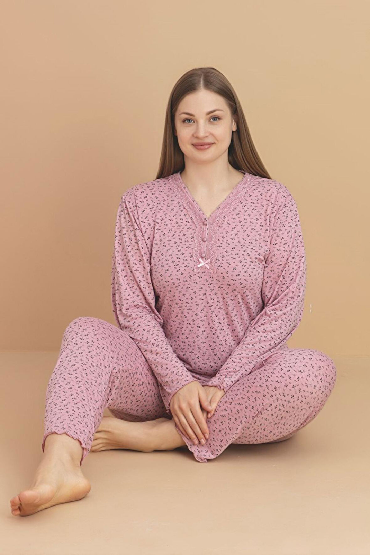 Pijamerry Kadın Büyük Beden Dantel Yaka Bambu Uzun Kol İnce Pijama Takımı 5920- 1 Adet