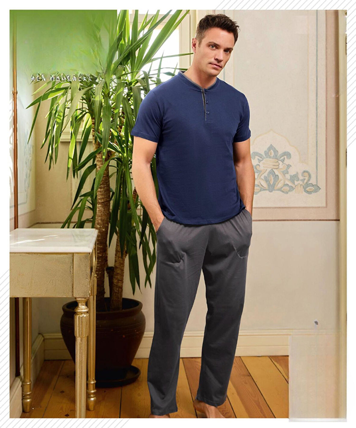 Pijamoni Erkek Düğme Yaka Kısa Kol Penye Pijama Takımı 6880/2 - 1 Adet
