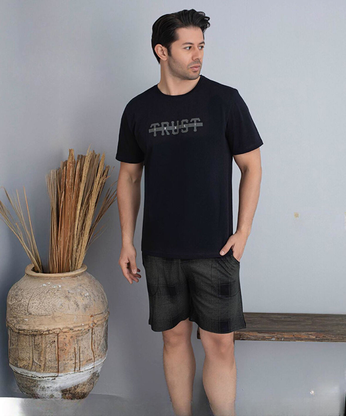 Pijamoni Erkek Bisiklet Yaka Kısa Kol Şortlu Pijama Takımı 6175/3 - 1 Adet