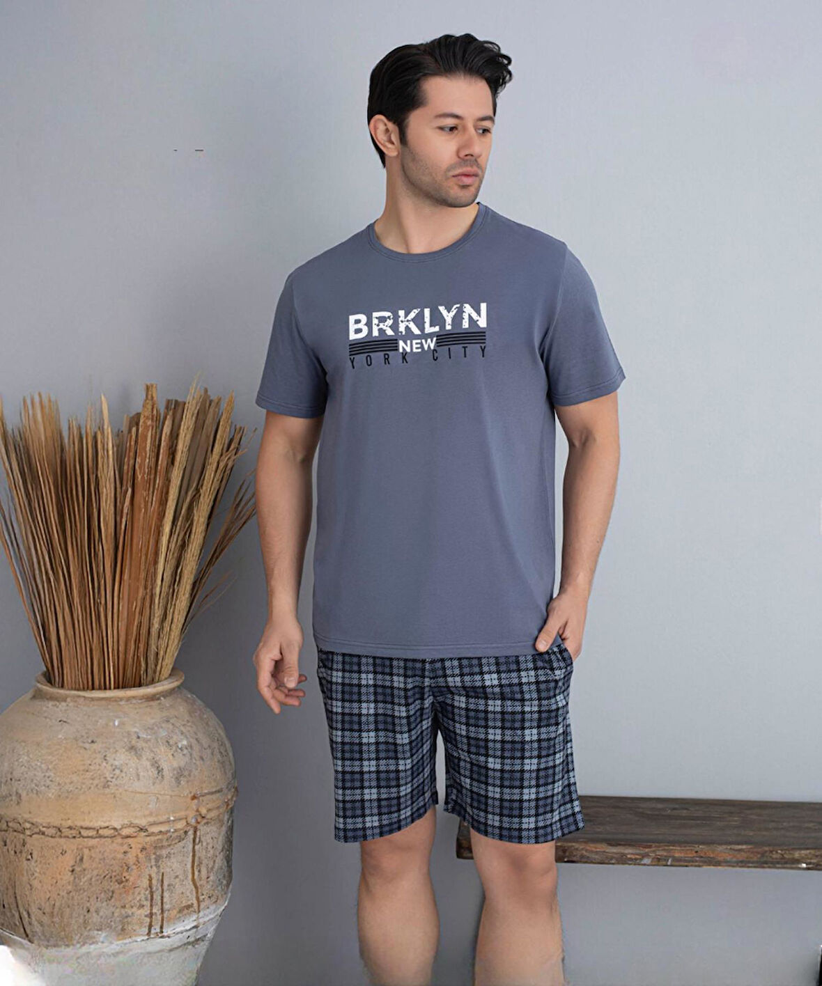 Pijamoni Erkek Bisiklet Yaka Kısa Kol Şortlu Pijama Takımı 6175/11 - 1 Adet