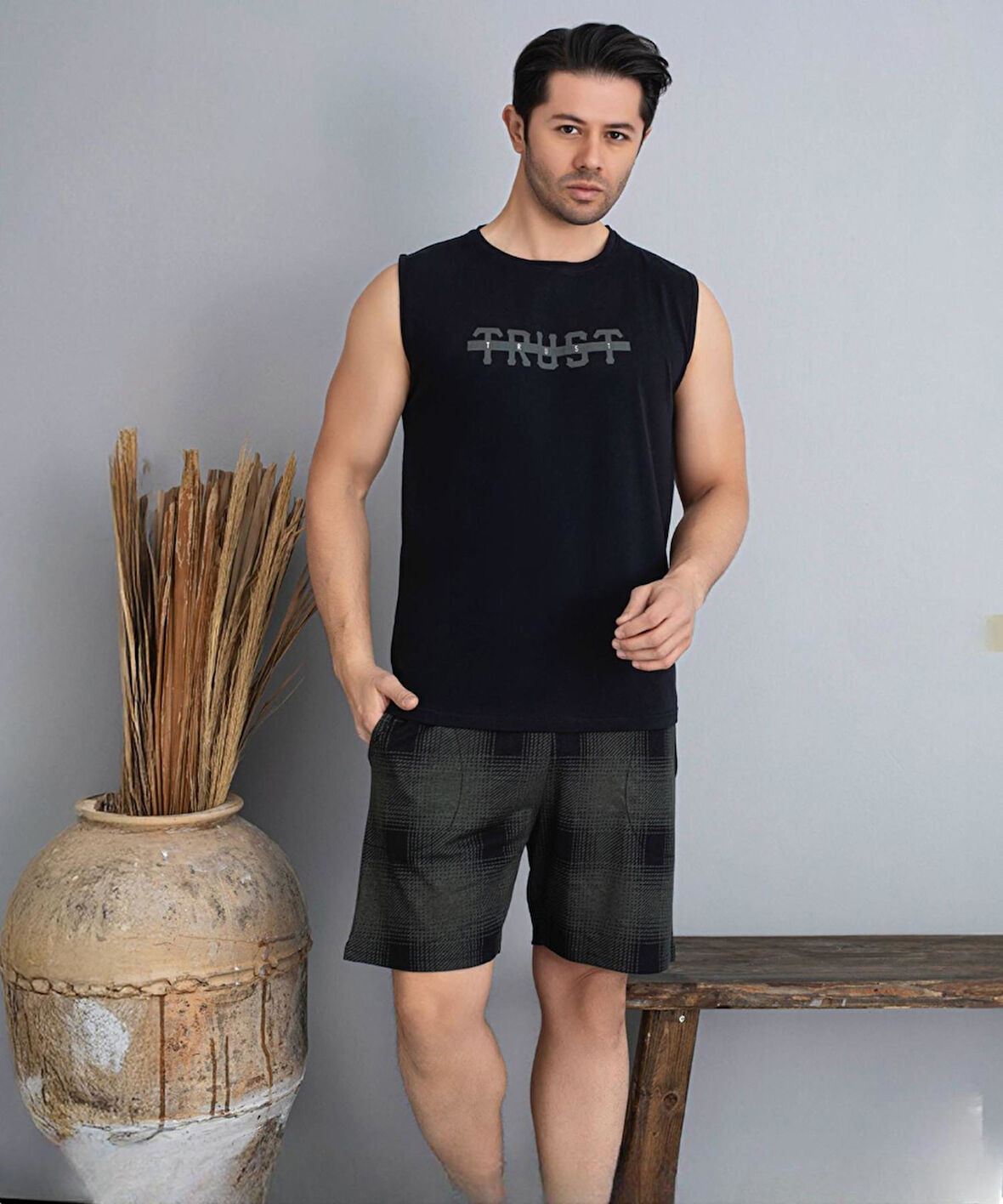 Pijamoni Erkek Bisiklet Yaka Kolsuz Şortlu Pijama Takımı 6185/3 - 1 Adet