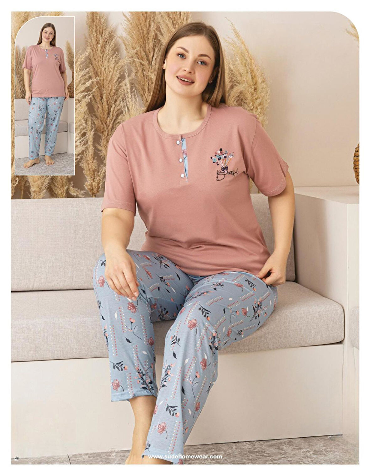 Sude Kadın Büyük Beden Düğme Yaka Penye Kısa Kol İnce Pijama Takımı P127 - 1 Adet